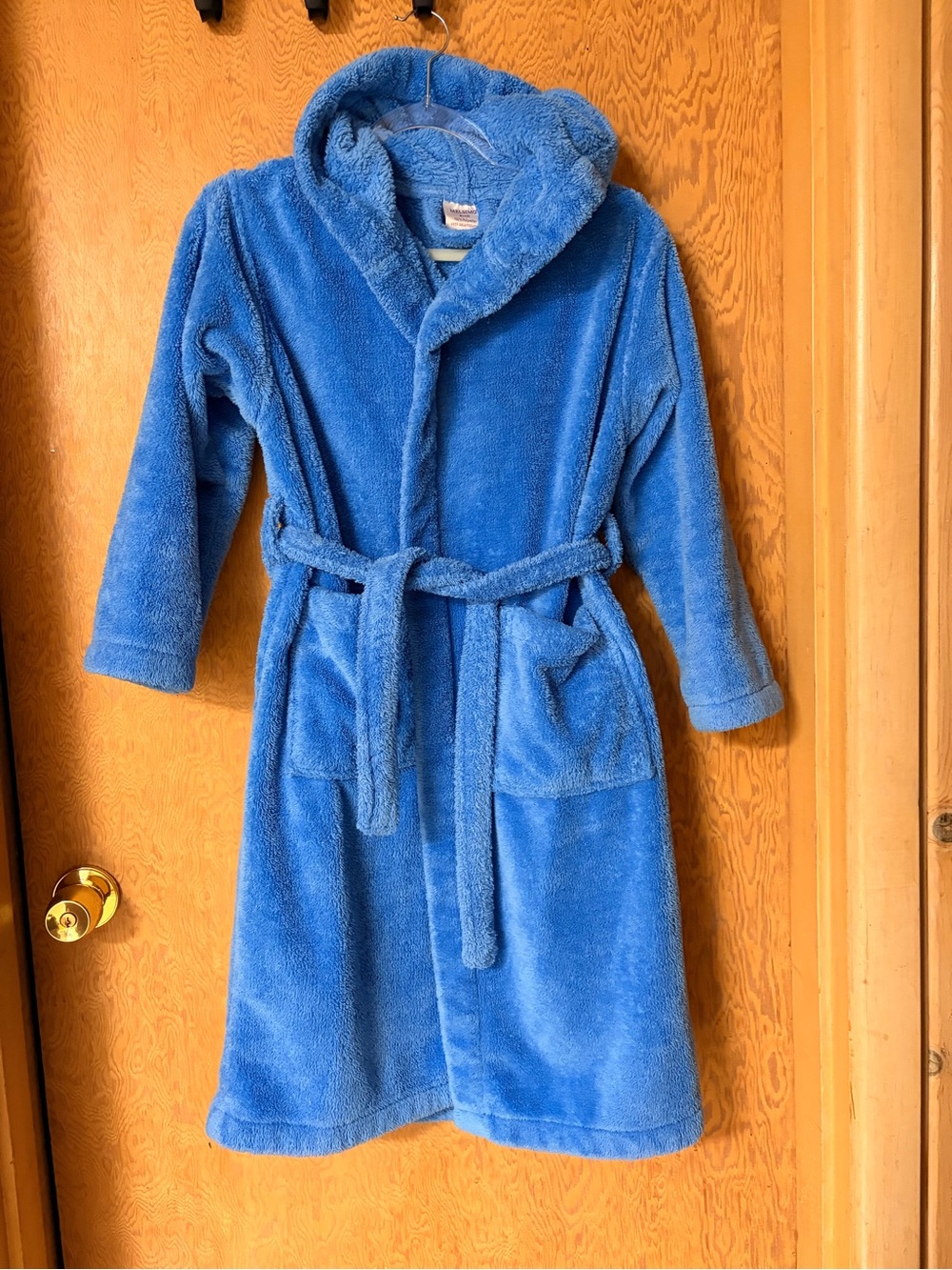 Plush Hooded Kids Robe in Bright Blue with Tie Belt